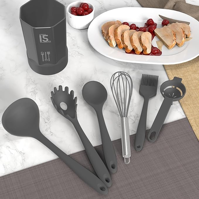 Silicone Cooking Utensils Set - 446°F Heat Resistant Kitchen Utensils,Spatula Sets,Turner Tongs,Spoon,Kitchen Utensil Gadgets Tools Set for Nonstick Cookware,Dishwasher Safe BPA Free (Gray)
