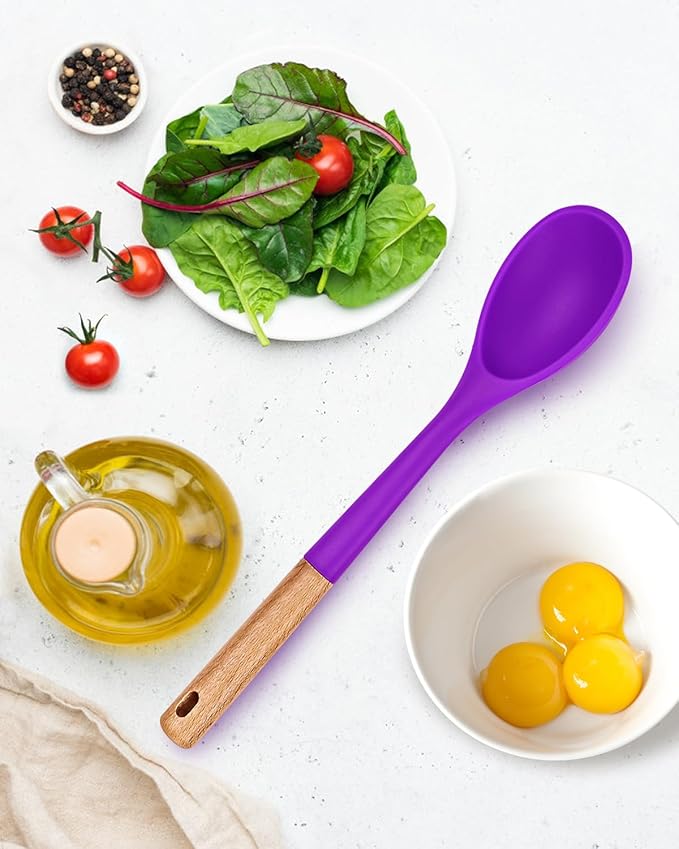Large Silicone Cooking Spoons, Nonstick Solid Wooden Handle Spoon, Heat Resistan Silicone Kitchen Spoons for Cooking, Serving, Basting, Mixing, 13.2inch (BERRY)