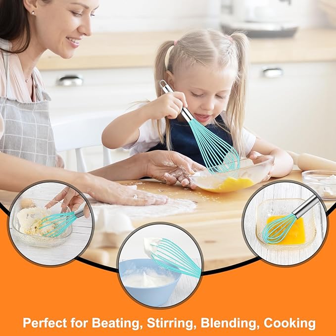 HOTEC 4 Pieces Silicone Whisks Set, Wire Balloon Whisks Egg Beater, Non-slip Handle Whisk for Non-stick Cookware Perfect for Cooking, Stirring, Beating and Blending (Blue)