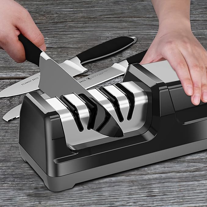 Knife Sharpener, Professional 2-Stages Eleltric Knife Sharpeners with Diamond Abrasives for 20-Degree Straight Edge, Knife Sharpener for Kitchen Knives with Sharpening and Polishing