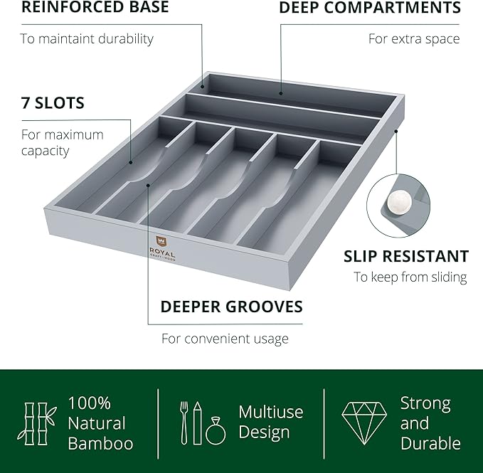 ROYAL CRAFT WOOD Luxury Bamboo Kitchen Drawer Organizer - Silverware Organizer - Utensil Holder and Cutlery Tray with Grooved Drawer Dividers for Flatware and Kitchen Utensils (7 Slot, Gray)
