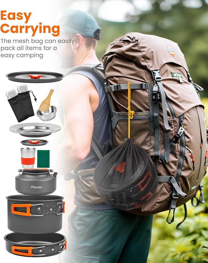 22Pcs Camping Cookware Mess Kit for 2, Lightweight Camping Kitchen Pots and Pans Set, Portable Camping Essentials for Backpacking, Camping Cooking Hiking and Picnic