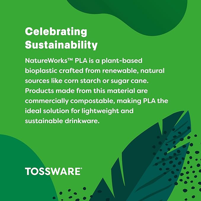 TOSSWARE NATURAL Arc - Plant Based Cups 16 oz - Plastic Alternative Cups for Parties, Bachelorettes, Weddings - Recyclable Clear Cold Cups - Set of 1000