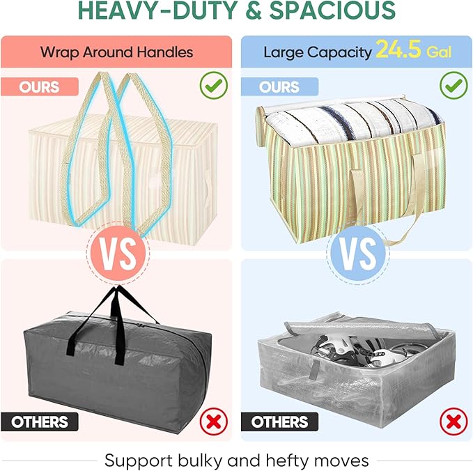BALEINE 6-Pack Oversized Moving Bags with Reinforced Handles, Heavy-Duty Storage Tote for Clothes, Moving Supplies (Color Strip, 6-Pack)