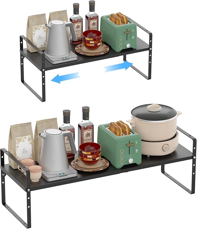 iPEGTOP Expandable Cabinet Storage Shelf Organizer, Heavy Duty Steel Metal Spice Rack Adjustable Height Home Office Garage Pantry Shelf Space Riser for Counter Kitchen Organization, Black, 1 Pack