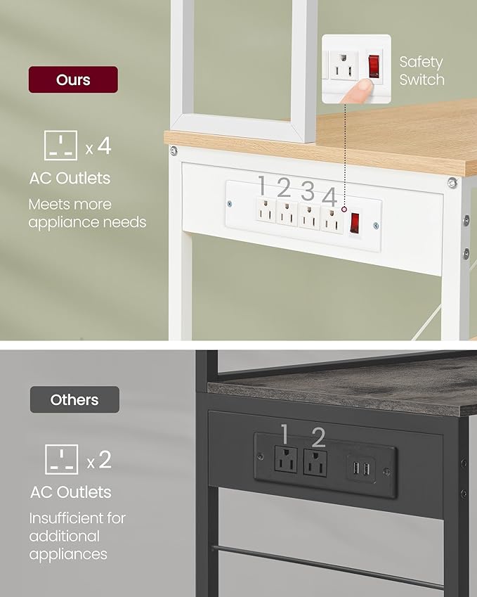 VASAGLE Bakers Rack with Power Outlet, 31.5 Inches Coffee Bar for Kitchen with Storage, 6-Tier Kitchen Shelves with 6 Hooks, Microwave Stand, Golden Oak and White UKKS119Y01