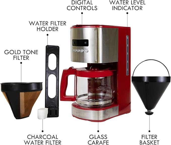 Kenmore Drip Coffee Maker - Programmable Cafe Machine With Glass Pot, Regular & Bold Brew, Auto Shut Off Large Water Reservoir, Reusable Filter, Kitchen Appliances For Cafeteria Barista, 12 Cup Red