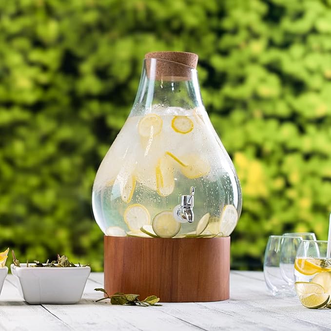 Classic Home Teardrop Clear Glass Ice Cold Beverage Drink Dispenser- 2.75 Gallon, With Cork Lid & Modern Wood Base Leak Proof Spigot- Wide Mouth Easy Filling For Outdoor, Parties & Daily Use