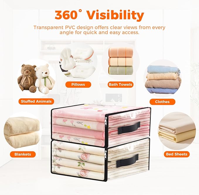 SpaceWhisper 8 Pack Clear Storage Bags, Plastic Blanket Storage Bags with Zipper and Handle, Moving Bags for Comforter, Bedding & Clothes, Closet Organizer and Under Bed Storage (17.7x15.7x7.9 Inch)