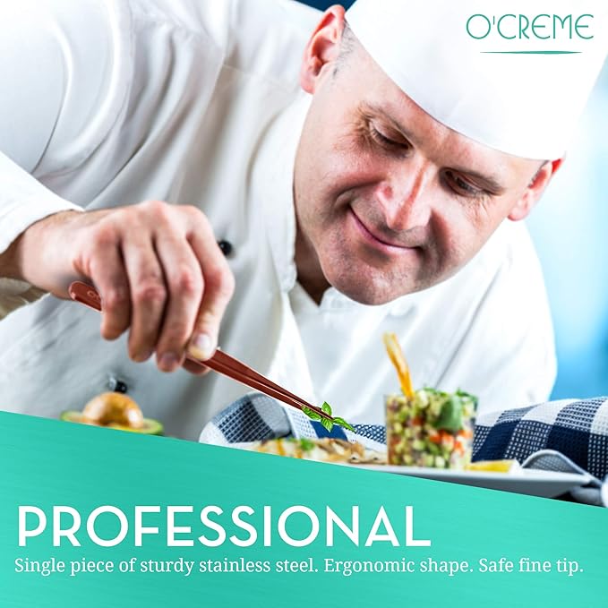 O'Creme Gold Stainless Steel Precision Kitchen Culinary Fine-Tip Tweezer Tongs, 1 Curved and 1 Straight