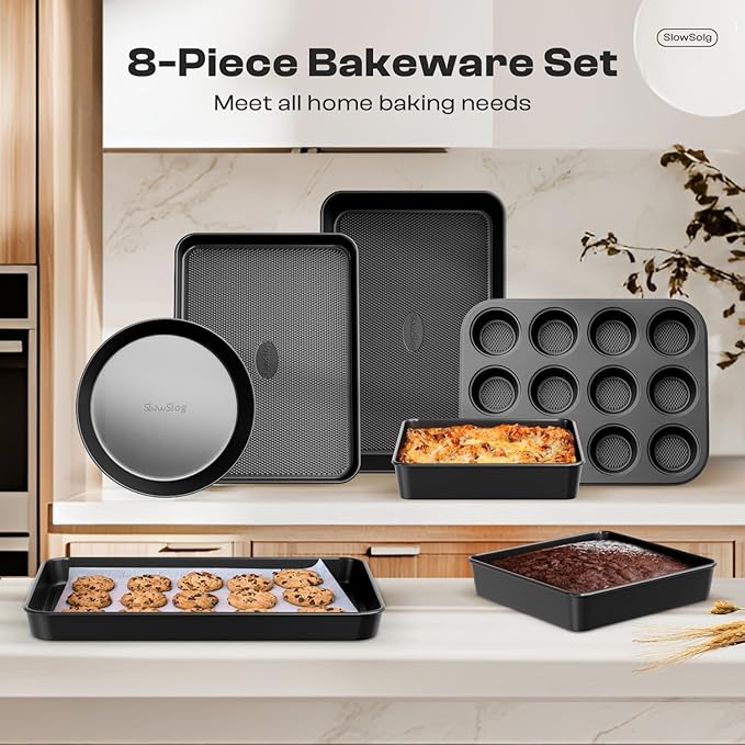 Nonstick Baking Pans Set, 8-Piece Stackable Bakeware Sets, Non-Toxic Oven Pan Set, Includes Baking Sheet, Cake Pan, Muffin Pan, Loaf Pan, Square Pan, Cookie Sheet & Roasting Pan, Black