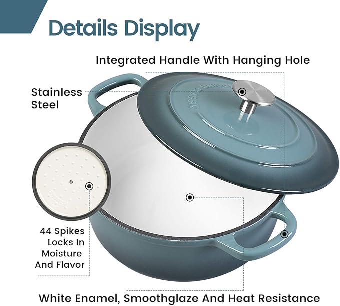 Enameled Cast Iron Round Dutch Oven with Lid Dual Handle Pot Bread Ovens, 7 Quart, Slateblue
