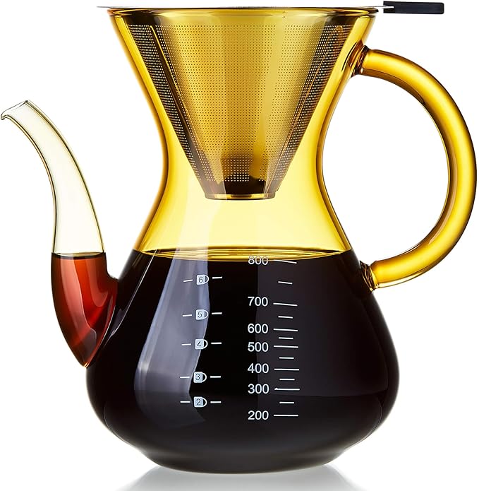 Unbreakable - Pour Over Coffee Maker with Double Stainless Filter 34 fl oz, Thickened Heat-Resistant Borosilicate Glass Pour Over Coffee Dripper, Stovetop Safe