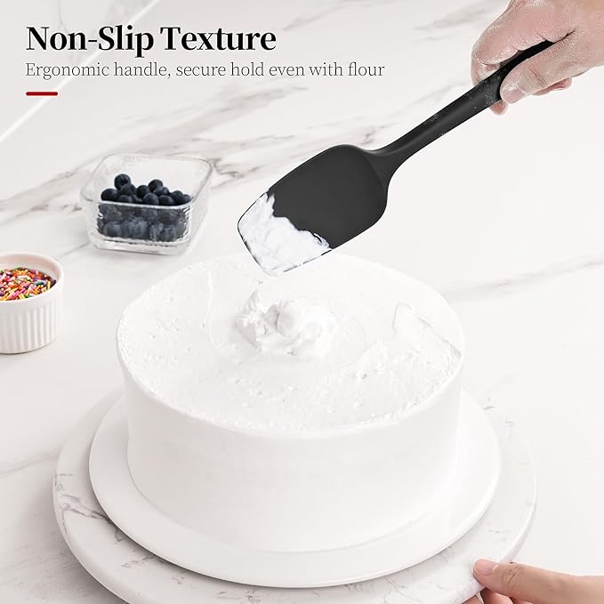 600ºF Heat Resistant Spatulas, High Heat Food Safe Semless Kitchen Silicone Spoon Spoonula Scraper Set for Cooking Baking Mixing Scraping Stirring Nonstick Cookware Pan Bowl (3Pcs,Black)