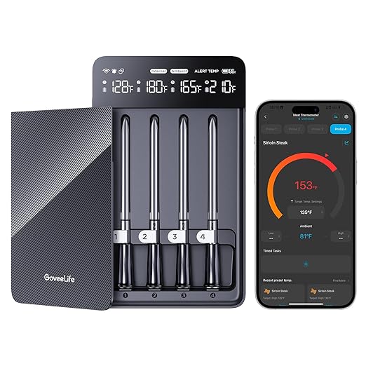 GoveeLife Bluetooth Wireless Meat Thermometer with 4 Probes, WiFi Unlimited Range, ±1.8℉ Accuracy, IP68 Waterproof Real Time Monitoring Digital Food Thermometer for Kitchen, BBQ, Grill, Oven, Smoker