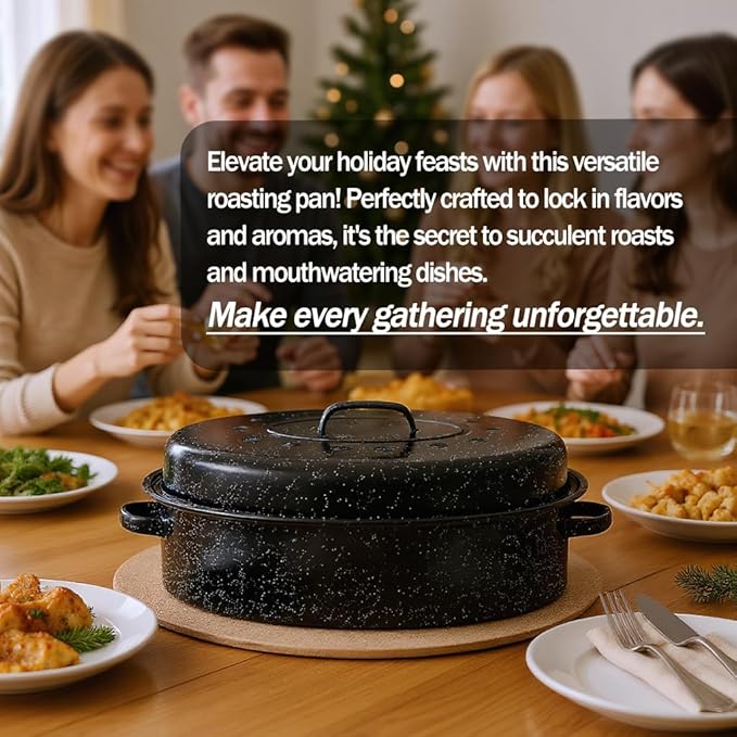 19” Turkey Roasting Pan Enamel Oval Granite Large Roaster Pan with Lid with 17in Inner Diameter Large Capacity Suitable for Thanksgiving Enamel Cook Ware Dishwasher Compatibility Oven Christmas Gift