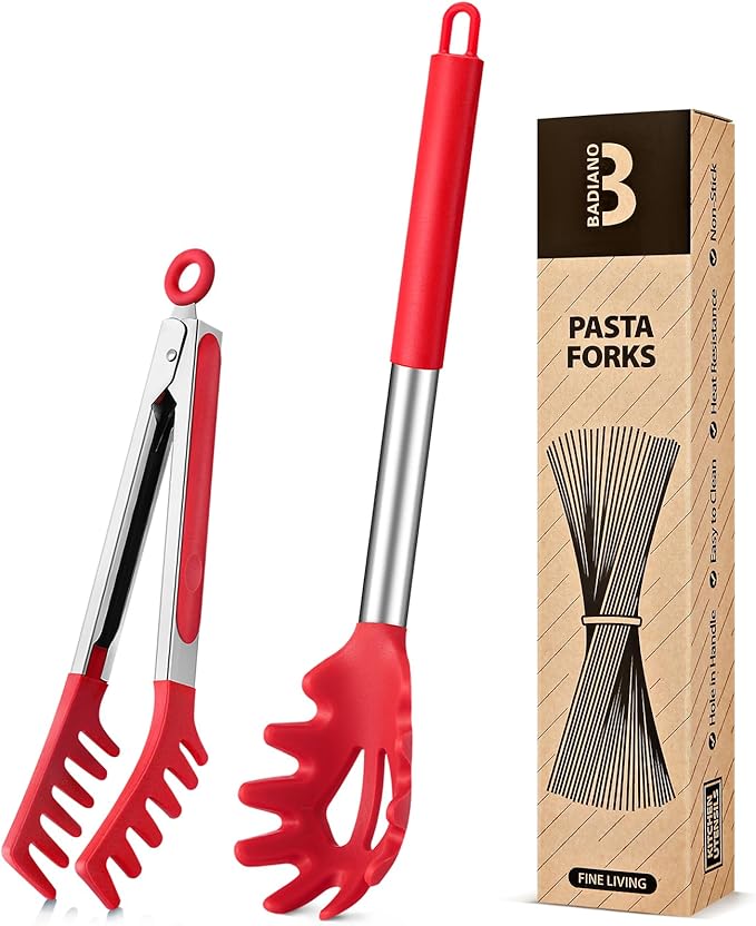 Silicone Spaghetti Spoon & Pasta Tong, Non-Stick Stainless Steel Handle Pasta Fork Set with Teeth, Food Clip for Easy Serving of Noodles (Red)