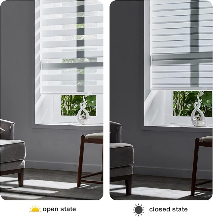 Persilux Zebra Blinds for Windows, Cordless Roller Shades Window Treatments (68" W x 72" H, White) Light Filtering Dual Layer Roller Window Shades Light Filtering Sheer Shades for Home and Office