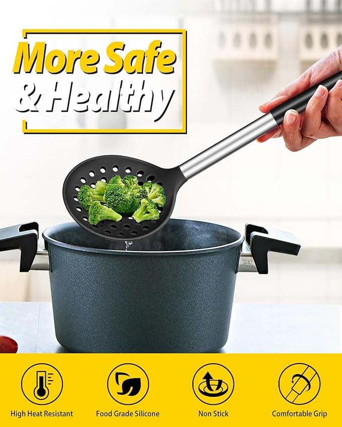 Kitchen Ladle Strainer Set of 2 Large Slotted Spoon with High Heat Resistant BPA Free Non Stick Cooking Skimmers For Draining and Frying (Black-White)