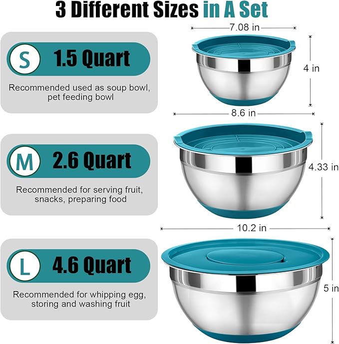 P&P CHEF Mixing Bowl with Lids Set of 3, Stainless Steel Nesting Salad Bowls for Serving Preparing, 3 Grater Attachments & Non-Slip Bottoms, Size 1.5/2.6/4.6 QT, Blue