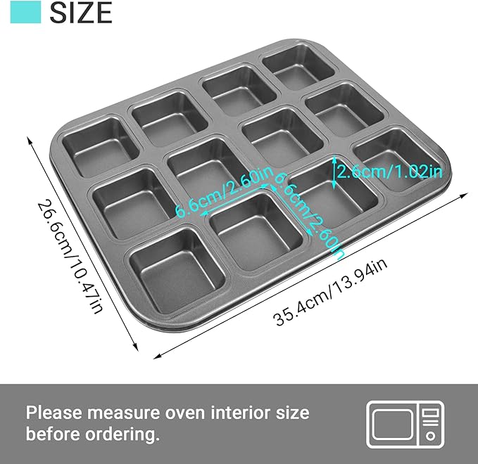 Beasea Brownie Pan with Dividers, 1 Set 12 Cavity All Edges Square Cupcake Brownie Pans Mini Cake Non Stick Baking Carbon Steel Bread Mold Small Edge 3x4 Individual Cutter Sheet Tray for Cookie Oven