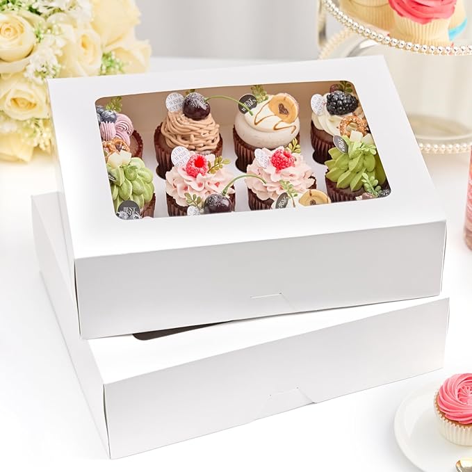 Kucoele 12 Count Cupcake Boxes, 12 Pack White Cupcake Containers with Windows and Inserts, Disposable Cupcake Carriers for Muffins, Treats, Pastries, 13 x 10 x 4 Inches