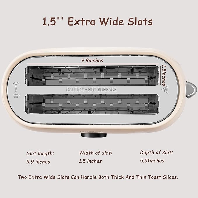 Toaster 4 Slice, KOTlAN Retro Long Slot Toasters with CountdownTimer,Stainless Steel Toaster,Bagel,Defrost,Reheat,Cancel Functions,Extra Wide Slots,6 Toast Settings,Removable Crumbs Tray,White
