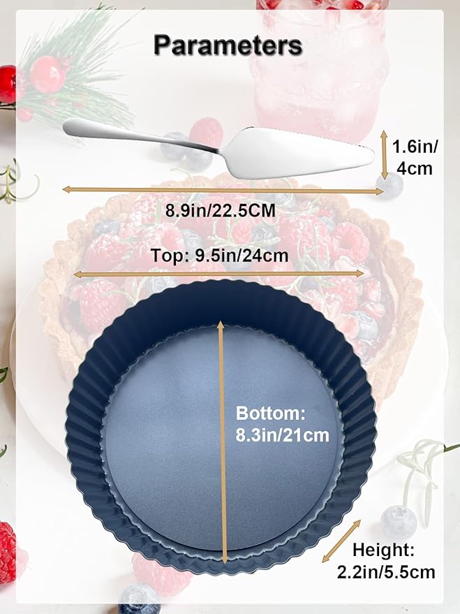 9.5*2.2 Inch Deep Tart Pan w/ Pie Cake Server. Removable Bottom, Non-Stick Coating, Rugged Carbon Steel for Tart Quiche Baking. Gift for Women Wife Christmas Thanksgiving Party Festival Family