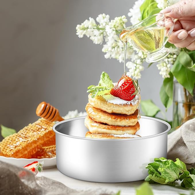 Leonyo 8 Inch Cake Pan, Stainless Steel Circle Baking Pans Set, 3 Pieces Round Layer Cake Tin for Wedding Birthday, Even Heating, Non Toxic & Healthy, Heavy-Duty, Dishwasher Safe
