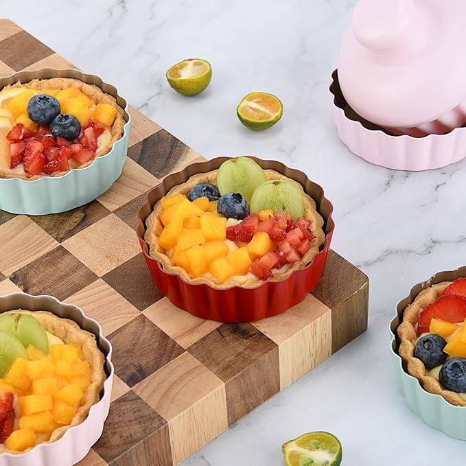 Mini Round Tart Pan with Removable Bottom, Nonstick Mini Pie Pans for Baking, Carbon Steel Quiche Pan Set for Cupcake Muffin Cakes and Desserts, Including 6 Tart Pan and 1 Tart Tamper (Multicolor)