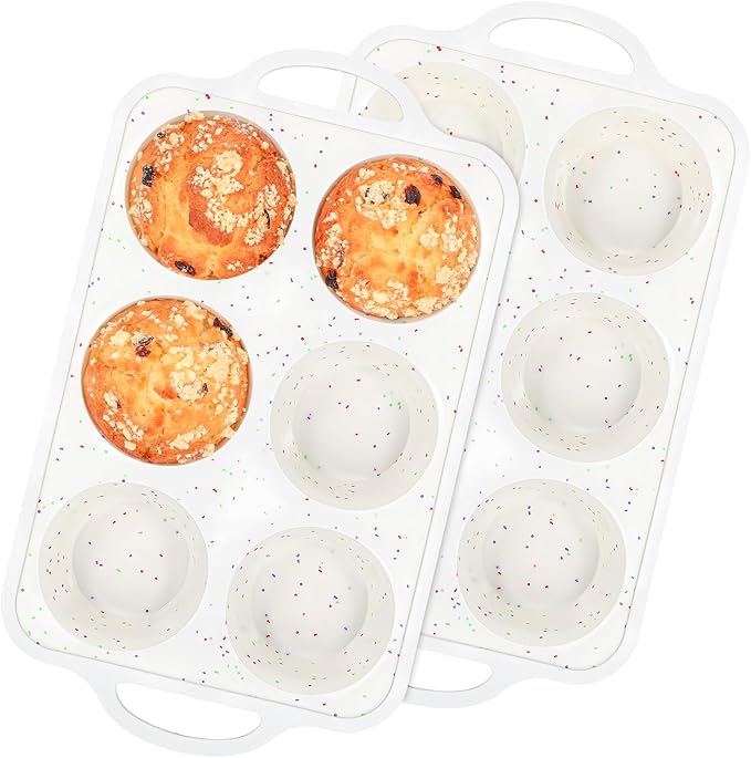 Silicone Jumbo Muffin Pan with Metal Frame, Non Stick Food Grade Silicone Large Muffin Pan Set of 2, with Handles 6 Cup,BPA-Free and Dishwasher Safe, Jumbo Cupcake Pans