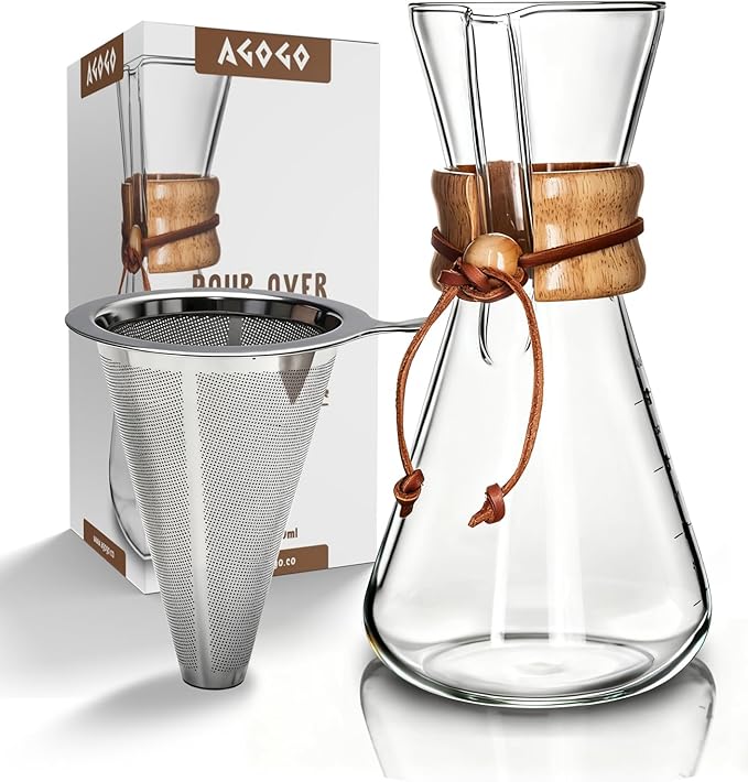 AGOGO Pour Over Coffee Maker Glass - 6/8/10 Cup Barista Kit with 304 Stainless Filter for Home, Office, Camping, Cafes - Easy Clean Coffee Dripper Set (Rag&Brush Included) (6 Cup/20 oz)