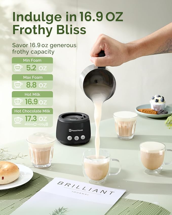 Maestri House Milk Frother, 4-in-1 Electric Milk Steamer and Frother, 16.9OZ 600W Smart Touch Control Hot and Cold Foam Maker, Memory Function for Latte, Cappuccinos, Warm Milk, Hot Chocolate Milk