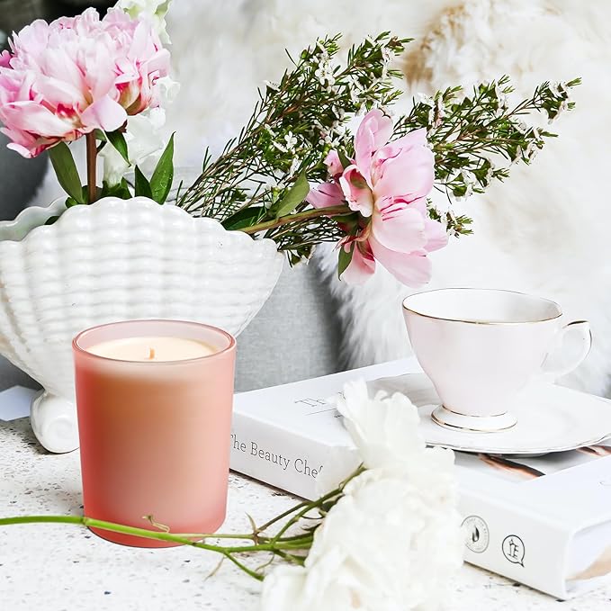 Thick Candle Jars for Making Candles 12 Pcs, 7 OZ Empty Jars with Wood Lids for Candle Making, Sample Container, Frosted Pink