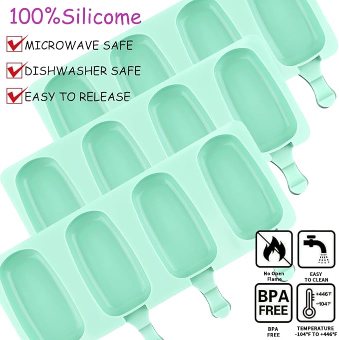 3pcs Large Silicone Popsicle Molds Set,BZIDII 4 Cavities Cake Pop Molds,Oval Ice Cream Bar Mold Ice Pop Cakesicle Molds Silicone with 100 Wooden Sticks & 100 Bags &100 Twist Ties(Green)