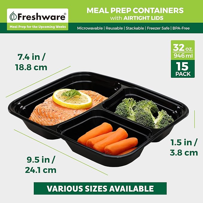 Freshware Meal Prep Containers with Lids [15 Pack] 3 Compartment, Food Storage Containers, Bento Box, BPA Free, Stackable, Microwave/Dishwasher/Freezer Safe (32 oz)