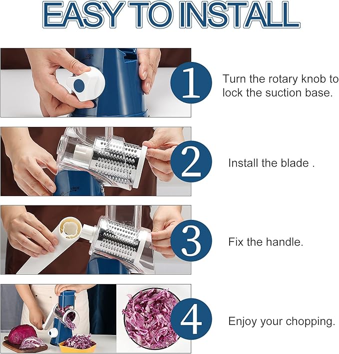 Ourokhome Rotary Cheese Grater Hand Crank, Kitchen Shredder Speed Mandolin Slicer Nut Grinder with Handle and Drum Blades for Cheese, Vegetable, Walnut, Chocolate, Potato, Carrot, 3 Blades, Dark Blue