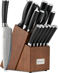 Sunnecko Knife Set with Block and Sharpener, 15 PCS Kitchen Knife Block Set Sharp Kitchen Knives High Carbon Stainless Steel with Black Handles