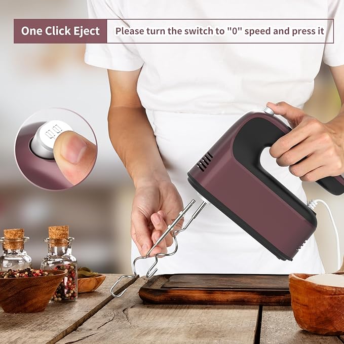 9-Speed Digital Hand Mixer Electric, 400W Powerful DC Motor, Baking Mixer Handheld with Snap-On Storage Case, 5 Stainless Steel Accessories, Flat Beaters, Dough Hooks, Whisk (Grape Purple)