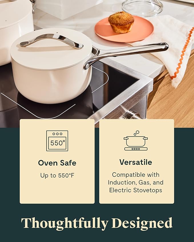 Caraway Nonstick Ceramic Sauce Pan with Lid (3 qt) - Non Toxic, PTFE & PFOA Free - Oven Safe & Compatible with All Stovetops (Gas, Electric & Induction) - Perracotta