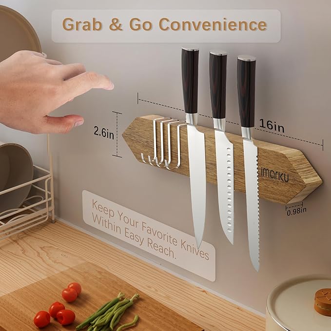 imarku Magnetic Knife Holder for Wall - 16 Inch Acacia Wood Magnetic Knife Strip with Powerful Magnet, Knife Magnetic Strip for Kitchen Utensil Organizer with 4 Hooks, Natural Acacia