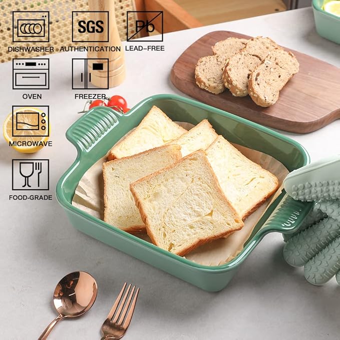 Sweejar Ceramic Baking Dish, 8 x 8 Cake Baking Pan for Brownie, Porcelain Square Bakeware with Double Handle for Casserole, Lasagna, Family Dinner (Light Green)