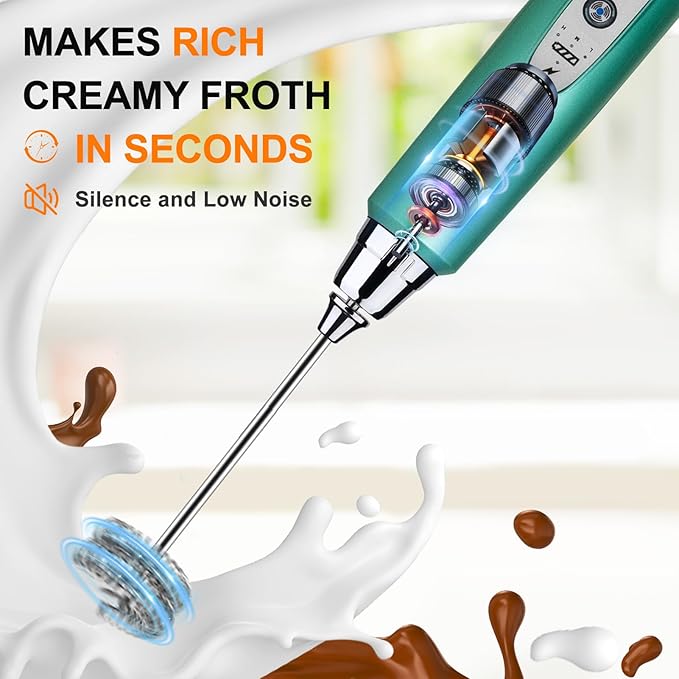 YUSWKO Green Handheld Milk Frother Wand for Coffee, Rechargeable Electric Whisk with 3 Heads 3 Speeds Drink Mixer Coffee Frother For Latte, Cappuccino, Hot Chocolate, Egg
