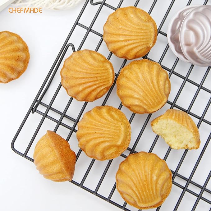 CHEFMADE Mini Madeleine Cake Pan Set, 3-Inch 4Pcs Non-Stick Spherical Shell Madeline Bakeware for Oven and Instant Pot Baking (Champagne Gold)
