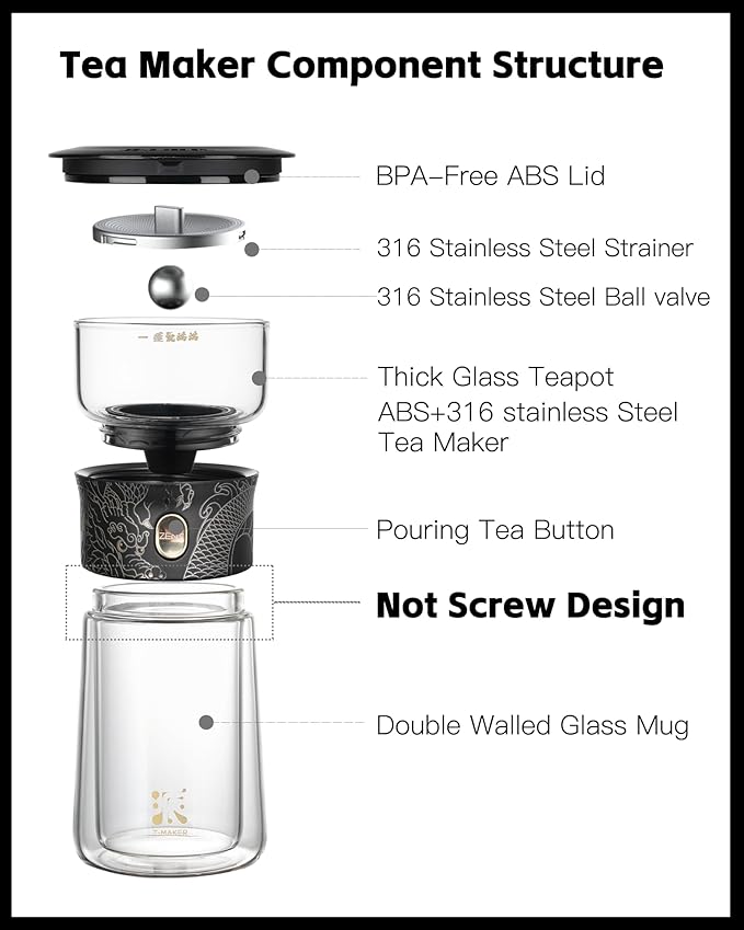 ZENS Cool Glass Teapot with Infuser, Smart One Touch Tea Maker for Loose Tea Diffusers with Insulated Mug and Portable Tea Kits, Enchanted Teapot Alternatives for Tea Lover Gifts