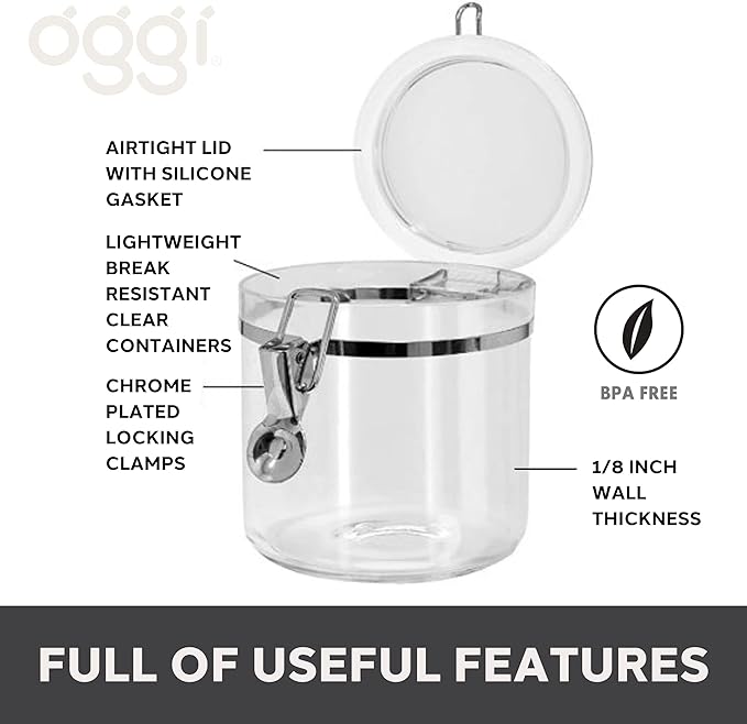 Oggi Jumbo Clear Canister with Clamp Lid, 150 oz - Airtight Food Storage Container, for Kitchen & Pantry Storage of Bulk, Dry Foods Including Pasta, Flour, Sugar, Coffee, Rice, Tea, Spices & Herbs