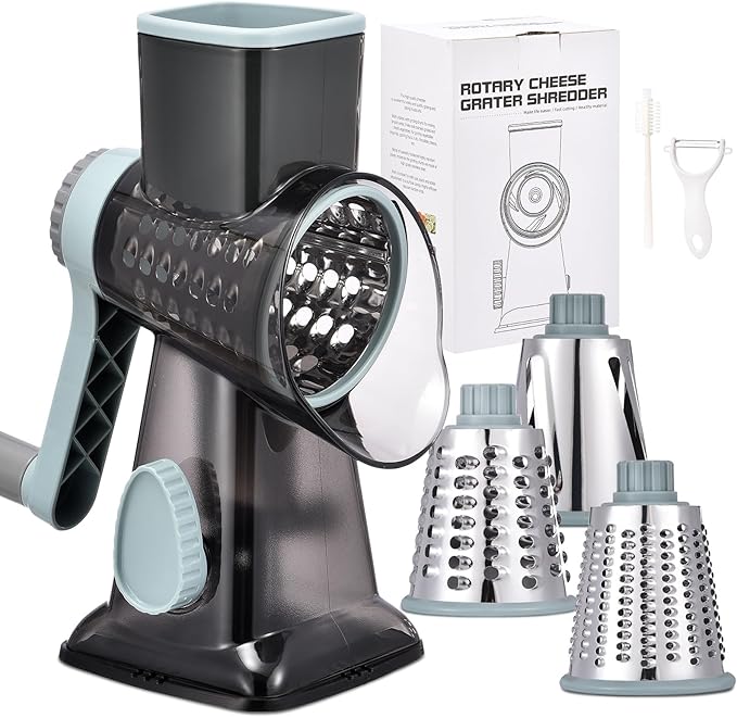 Rotary Cheese Grater with Handle Kitchen Shredder Slicer Grater Slicer Ice Shaver Cheese Vegetable Nuts Potato Zucchini Chocolate 3 Interchangeable Blades (GreyBlue)