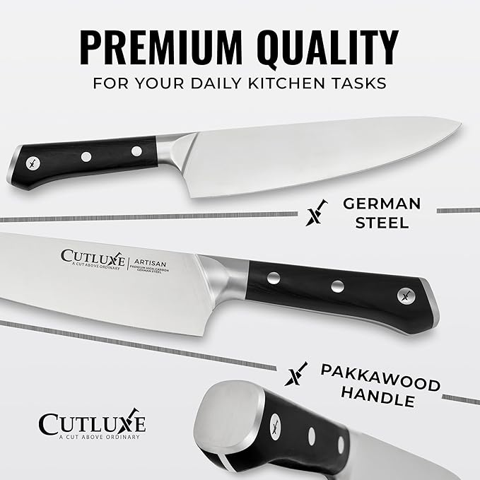 Cutluxe 15-Piece Knife Set – Premium Acacia Wood Block – Knife Set for Kitchen, Ultra Sharp High Carbon German Stainless Steel, Full Tang – Artisan Series
