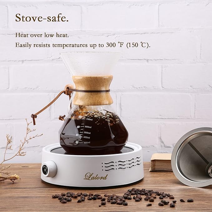 Pour Over Coffee Maker with Reusable Stainless Steel Filter, 27 oz Borosilicate Glass Coffee Carafe, Wooden Collar, Coffee Maker Carafe, Hold 4-6 Cups, 800 ml, Clear