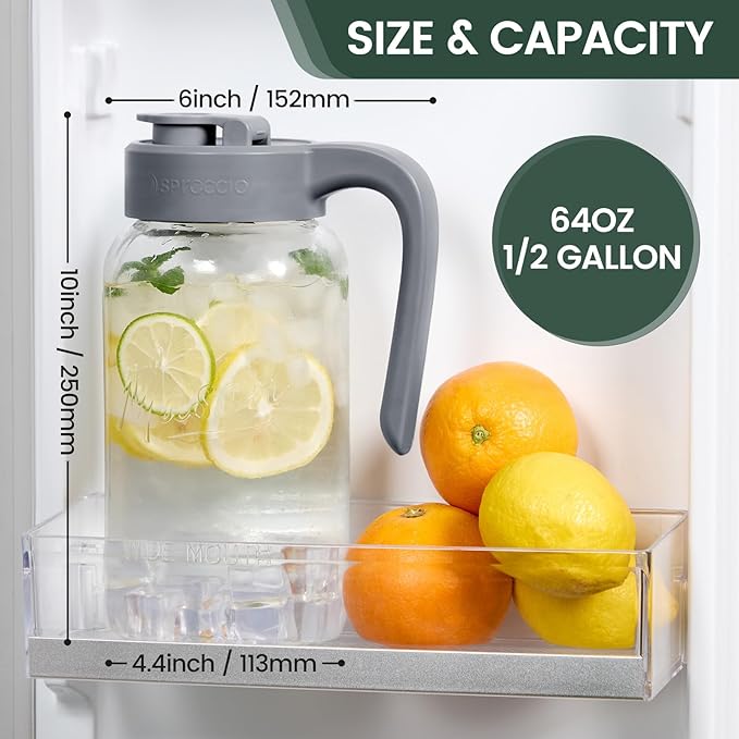 Mason Jar Pitcher - Airtight & Leakproof Glass Pitcher with Lid, Perfect for Breastmilk, Cold Brew, and Sun Tea, 2 Quart (64 oz) Mason Jar with Pour Spout Lid